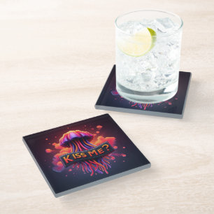 Colorful Jellyfish Illustration With Kiss Me Text  Glass Coaster