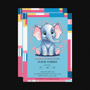 Colorful Jungle Blue Elephant Baby Shower Invitation