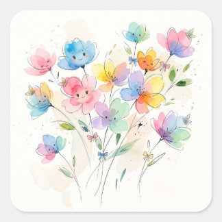 Colorful Kawaii Smiling Flowers Bunch Square Sticker