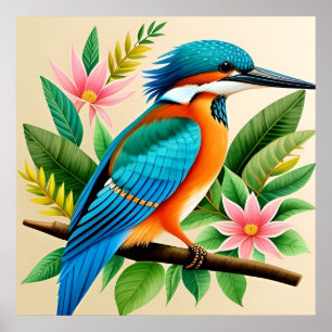 Colorful Kingfisher Bird Perched on Branch Poster