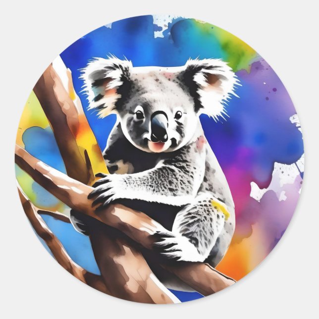 Colorful Koala Bear Watercolour Splash, Classic Round Sticker (Front)