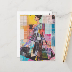 Colorful Lady in Fashion Mixed Media Collage Postcard