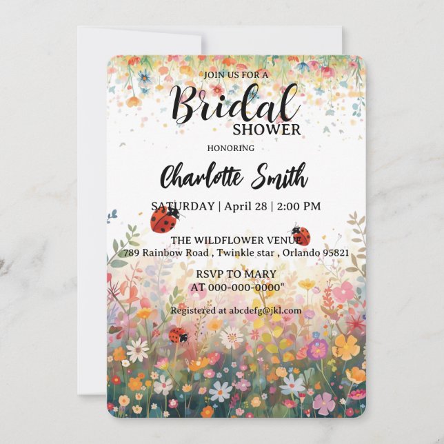 colorful ladybug Watercolor Wildflowers Personaliz Invitation (Front)