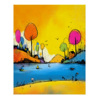 Colorful lake landscape in Pop Art cartoon style