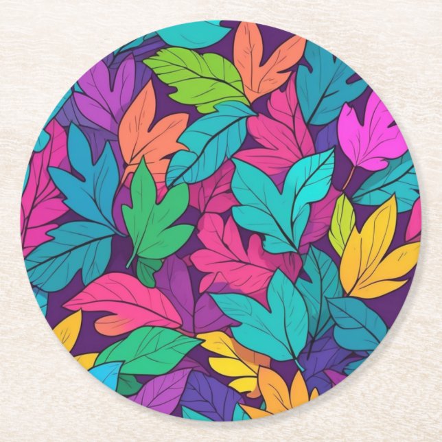 Colorful Leaves Vibrant Fall Design Round Paper Coaster (Front)