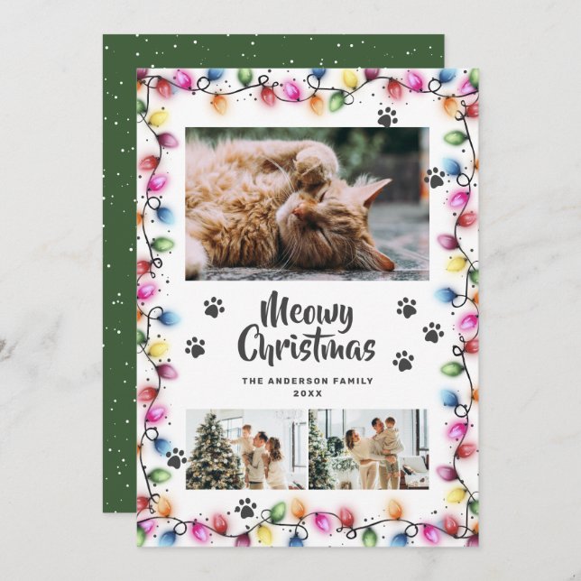 Colorful Lights Green Photo Meowy Christmas Card (Front/Back)