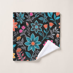 Colorful Linoprint Floral Pattern Wash Cloth