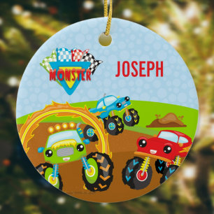 Colorful Little Boy Monster Trucks Name Christmas Ceramic Tree Decoration