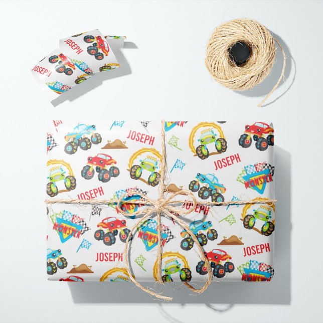 Colorful Little Boy Monster Trucks Pattern Wrapping Paper (Creator Uploaded)