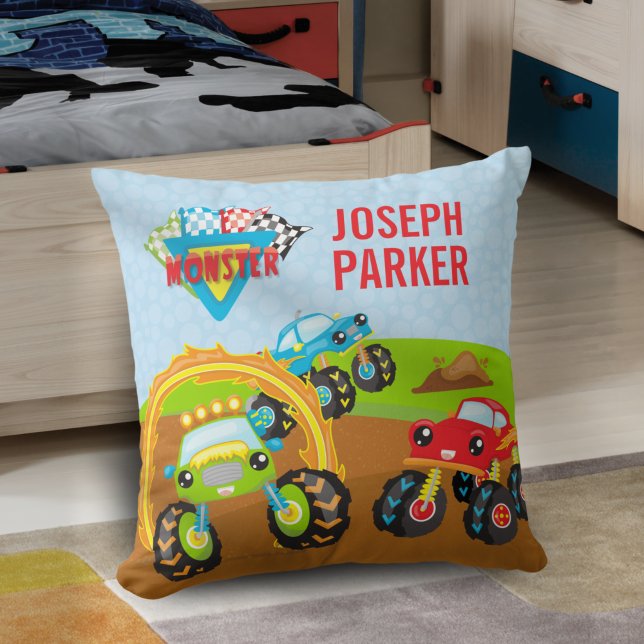 Colorful Little Boy Monster Trucks with First Name Cushion (Creator Uploaded)
