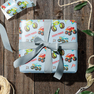 Colorful Little Boy Monster Trucks with First Name Wrapping Paper