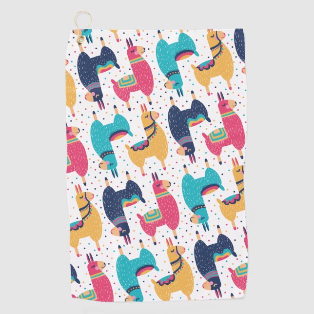 Colorful llamas and alpacas hand drawn golf towel (Front)