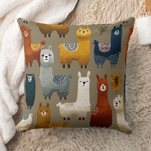 Colorful Llamas And Alpacas Mingle Cushion (Blanket)