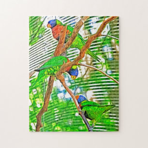 Colorful Loris on a branch - parrots - painting Jigsaw Puzzle