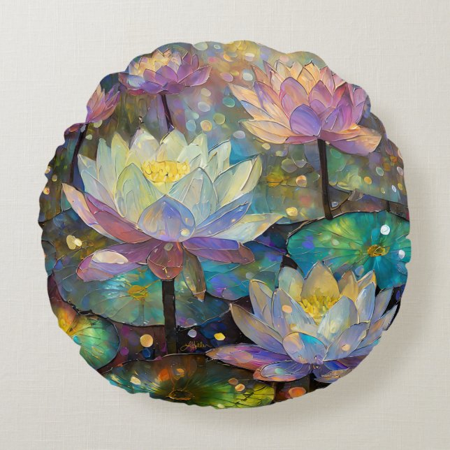 Colorful Lotus Flowers Blossoming in the Snow Round Cushion (Front)