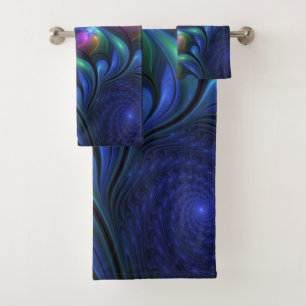Colorful Luminous Abstract Blue Pink Green Fractal Bath Towel Set