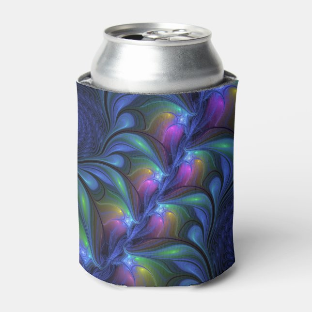 Colorful Luminous Abstract Blue Pink Green Fractal Can Cooler (Can Front)