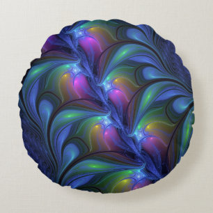 Colorful Luminous Abstract Blue Pink Green Fractal Round Cushion