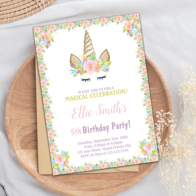 Colorful & Magical Party Invite (5th Birthday Unicorn Invitations)