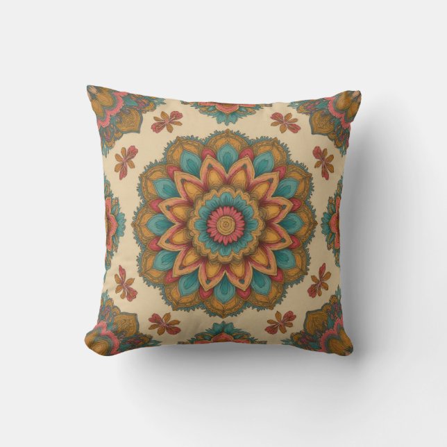 Colorful Mandala Floral Boho Art Cushion (Front)