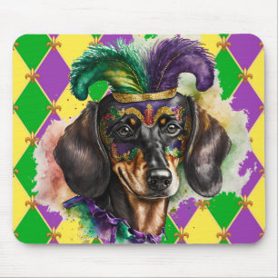 COLORFUL MARDI GRAS THEMED DACHSHUND DOG  FACE MOUSE PAD