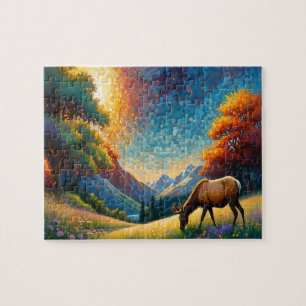 Colorful Meadow Elk with Flowers Art Jigsaw Puzzle
