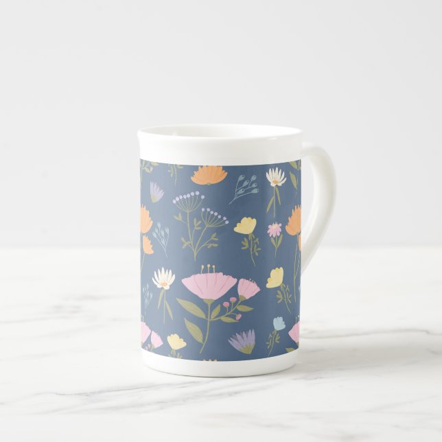 Colorful meadow on blue bone china mug (Front Right)