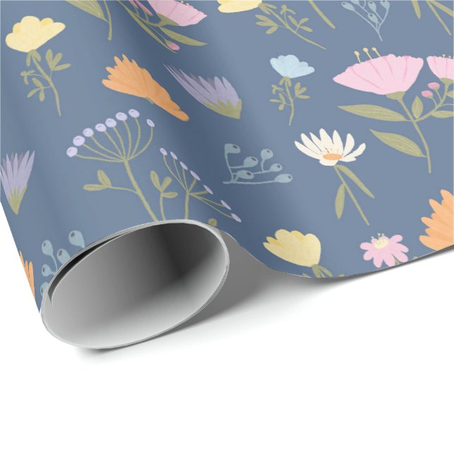Colorful meadow on blue wrapping paper (Roll Corner)