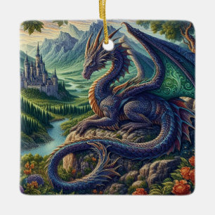 Colorful, Medieval Dragon castle Ceramic Ornament