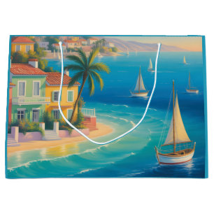 Colorful Mediterranean Village on Tropical Beach Large Gift Bag