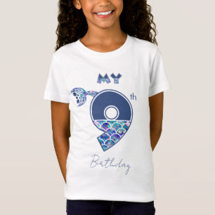 Colorful Mermaid Scales Little Girls 9th Birthday T-Shirt