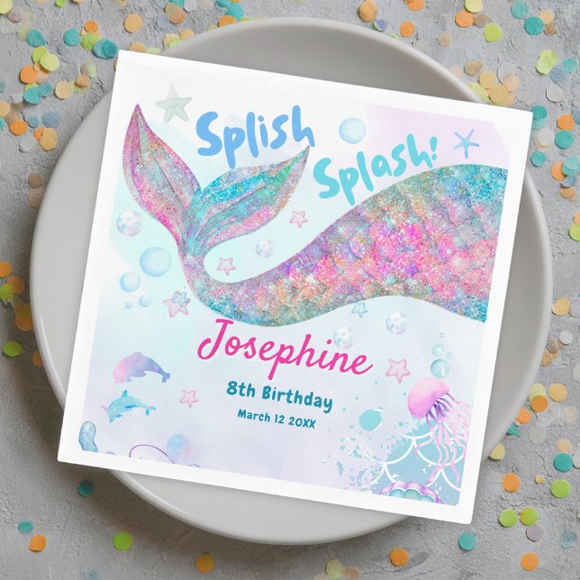 Colorful Mermaid watercolor birthday custom Napkin (Creator Uploaded)