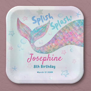 Colorful Mermaid watercolor birthday square Paper Plate