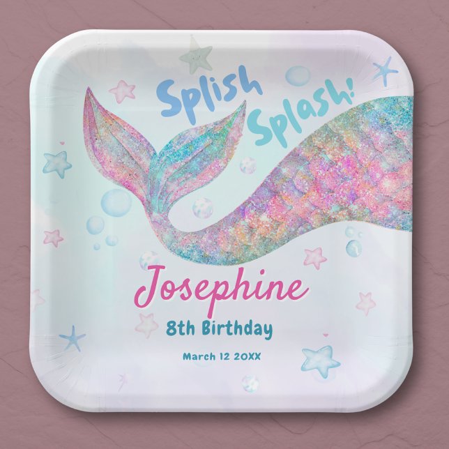 Colorful Mermaid watercolor birthday square Paper Plate (Creator Uploaded)