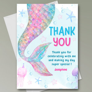 Colorful Mermaid watercolor birthday Thank you Card