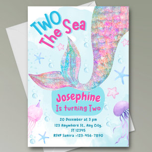 Colorful Mermaid watercolor second birthday Invitation