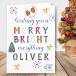 Colorful Merry and Bright Everything Scandi Holiday Card<br><div class="desc">Colorful Personalized Christmas Card with typography design, decorated with Scandinavian doodles. The template is set up for you to add a name to the front of the card and you can also edit the message inside. The wording reads "wishing you a merry bright everything [name]" and is lettered with bold...</div>