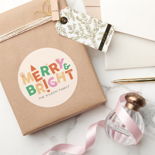 Colorful Merry and Bright Family  Classic Round Sticker