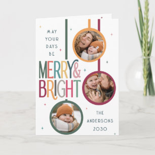 Colorful Merry and Bright Photo Cute Retro Stars Holiday Card