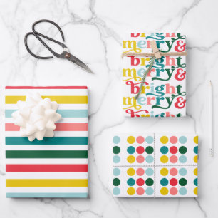 Colorful Merry and Bright Striped Polka Variety 3 Wrapping Paper Sheet