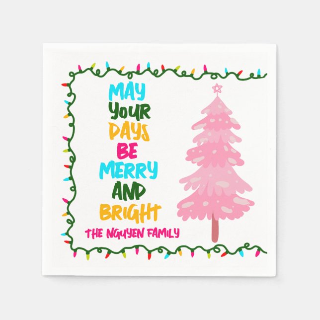Colorful Merry Bright Pink Christmas Tree Party Napkin (Front)