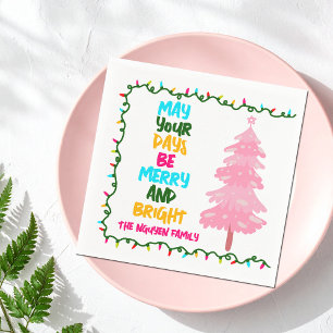 Colorful Merry Bright Pink Christmas Tree Party Napkin
