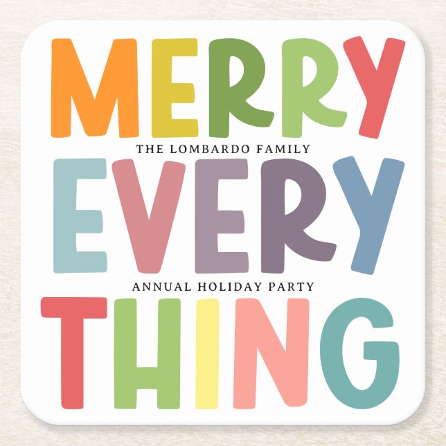 Colorful Merry Everything Inclusive Holiday Party Square Paper Coaster (Front)