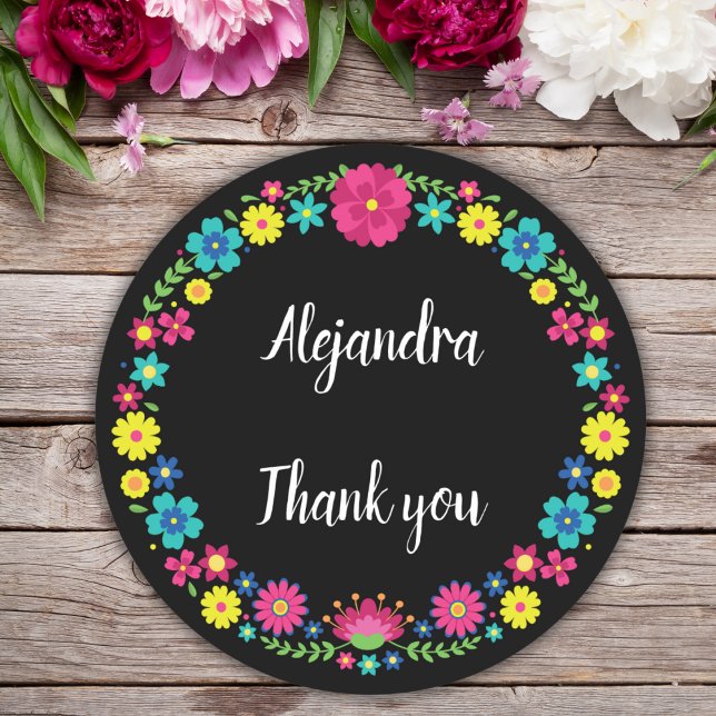 COLORFUL MEXICAN FLOWERS QUINCEAÑERA CLASSIC ROUND STICKER (Creator Uploaded)