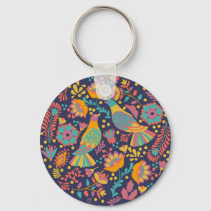 Colorful Mexican Folk Art Birds and Flowers Blue Key Ring
