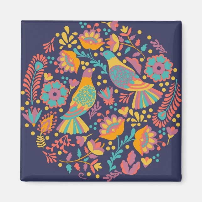 Colorful Mexican Folk Art Birds and Flowers Blue Magnet (Front)