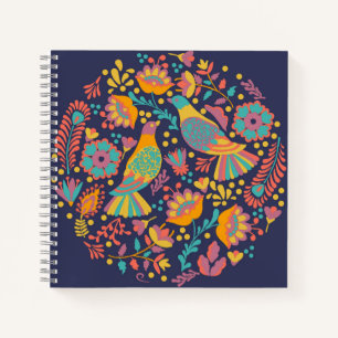 Colorful Mexican Folk Art Birds and Flowers Blue Notebook