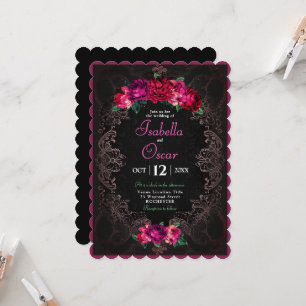 Colorful Mexican pink floral wedding black Invitation