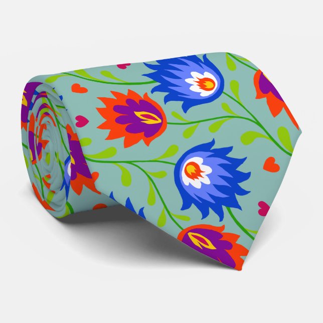 Colorful Mexican Style Floral Pattern Elegant Bold Tie (Rolled)