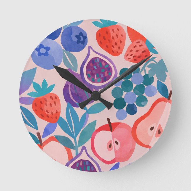 Colorful Mixed Fruit Pattern Modern Art Print Round Clock (Front)